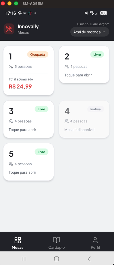 Tela do app Garçom com a lista de mesas do salão e o status de cada uma: ocupada, livre ou inativa