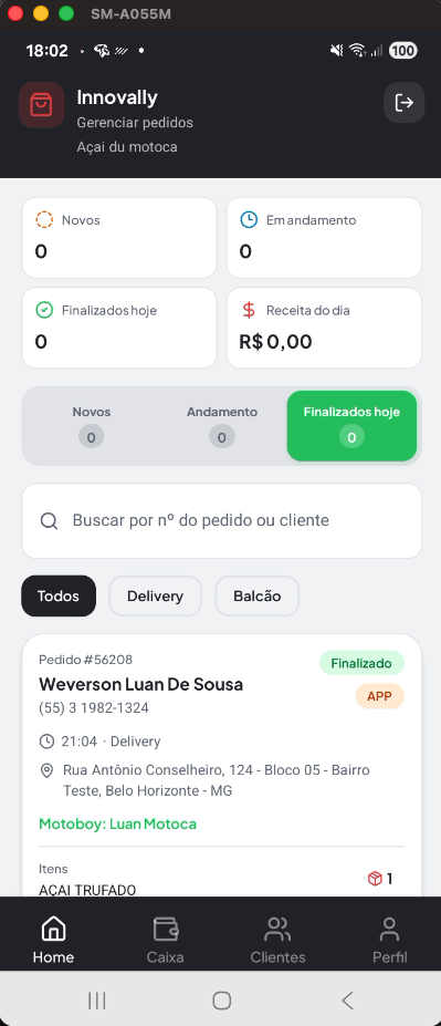 Tela do app Gestão da Loja com pedidos novos, em andamento, finalizados e receita do dia