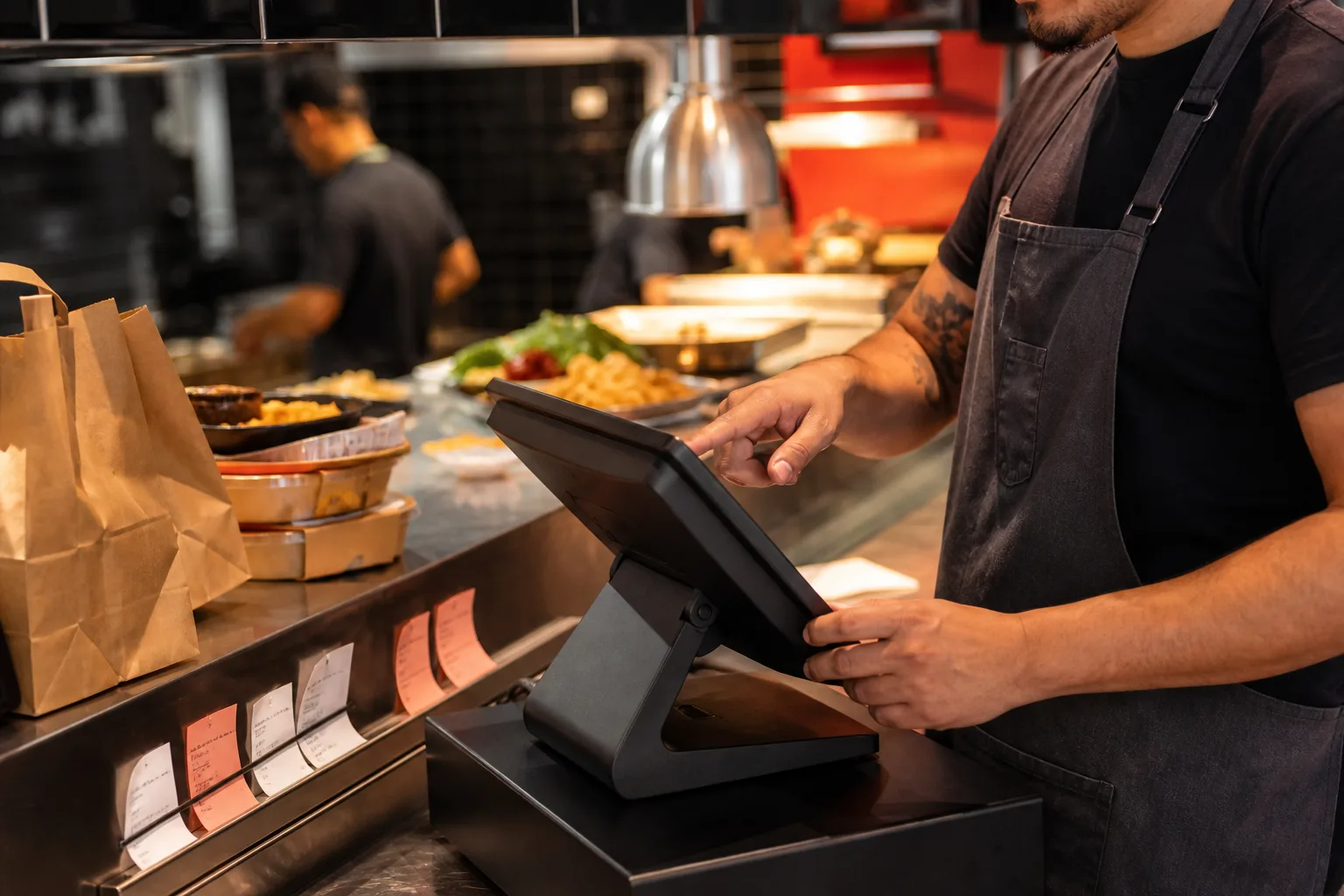 Profissional usando um ponto de venda em um balcão de restaurante durante o movimento