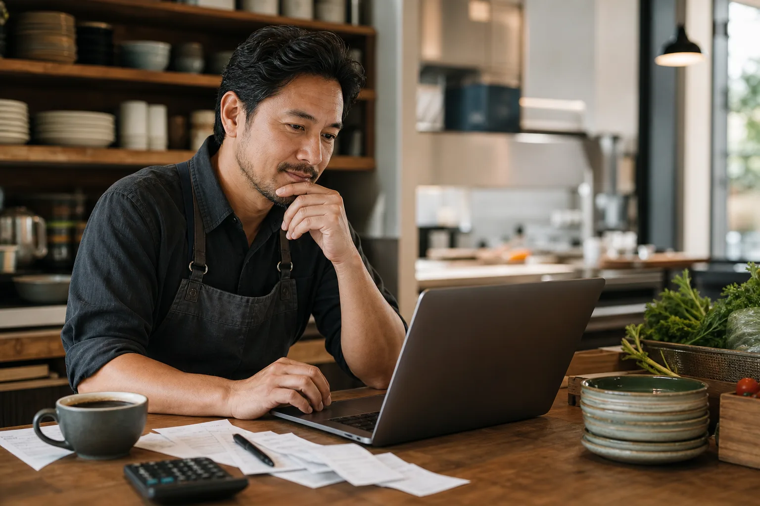 Pessoa responsável pela operação analisando o restaurante em um laptop sobre a mesa