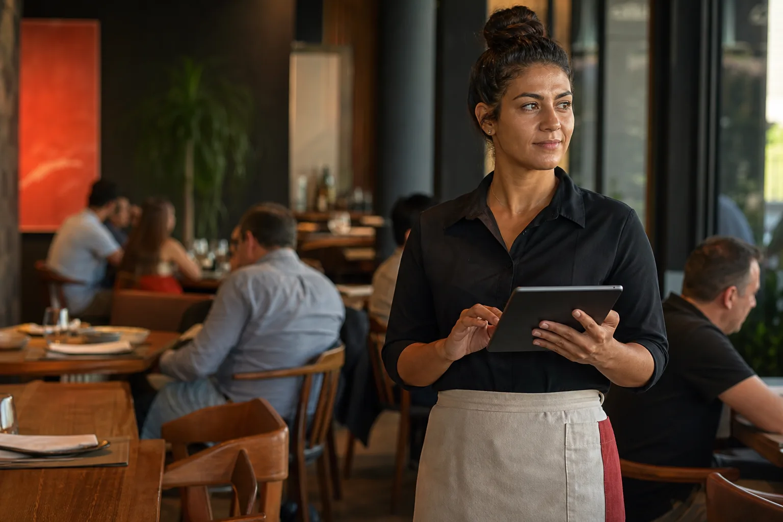 Profissional do salão usando um tablet enquanto acompanha mesas em um restaurante movimentado