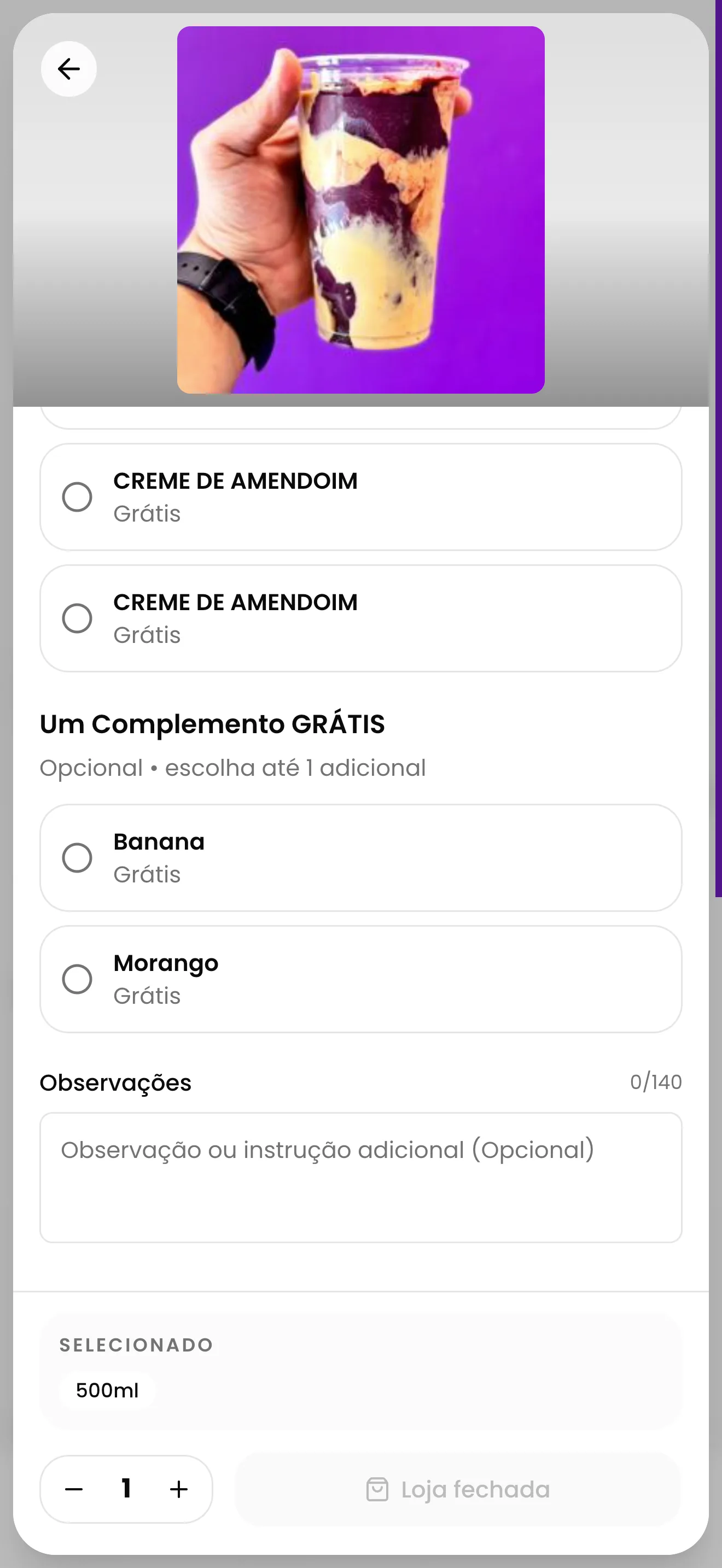 Tela mobile de personalização de produto com complementos