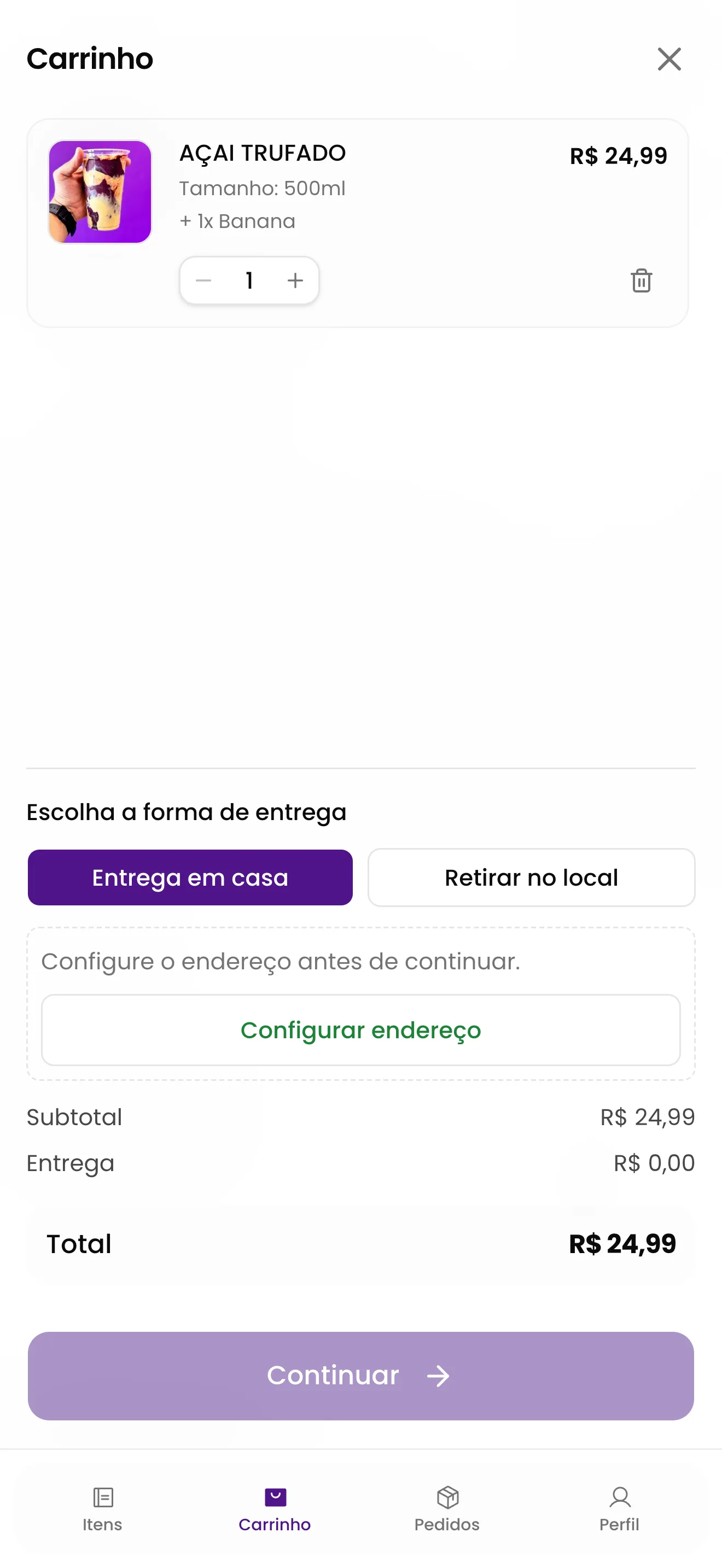 Tela mobile do carrinho com escolha de entrega e resumo do pedido
