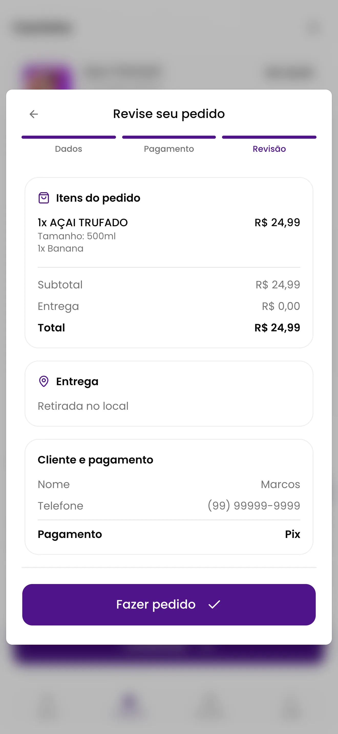 Tela mobile de revisão do pedido com itens, entrega e pagamento PIX